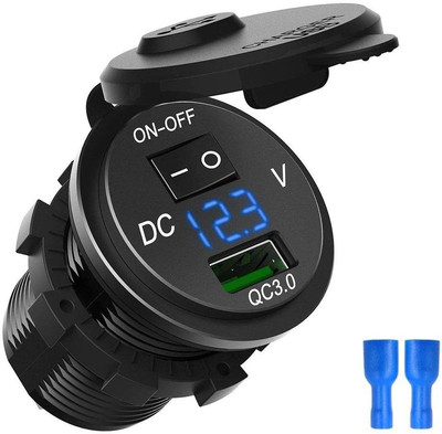 Waterproof QC3.0 Car Charger USB Outlet Socket 12V/24V Blue LED Digital Voltmete