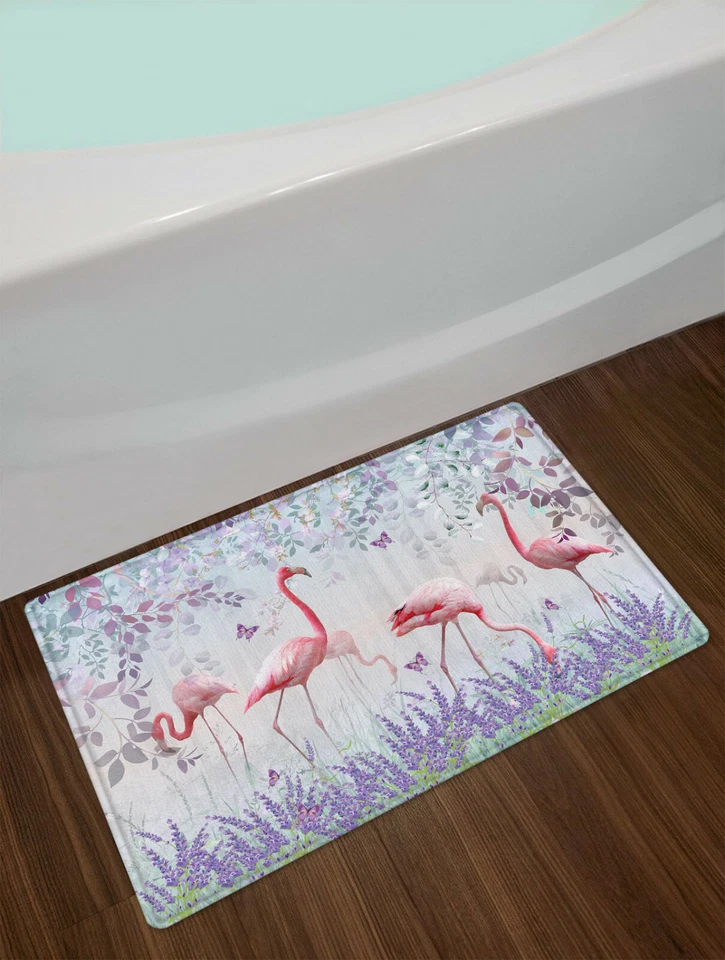 Pink Flamingo Purple Lavender Plant Butterfly Shower Curtain Set Bathroom Decor - Image 3 of 4
