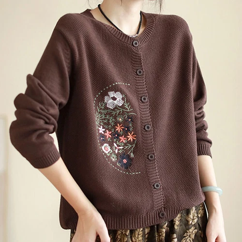 Women Cardigan Sweater Coat Round Neck Jacket Floral Knitted Embroidery Top Warm - Picture 5 of 25