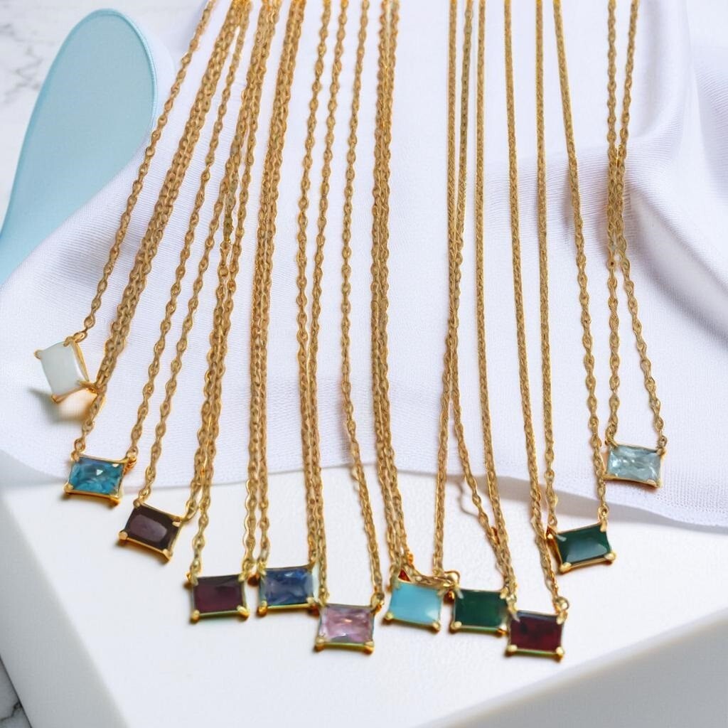 Rectangular Charm Necklace, Birthstone Pendant, Personalised Birthday Jewellery