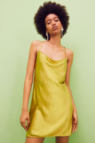 H&M Tie-Detail Satinkleid Gelb-Grün Gold Rückenfrei Slip Mini L Groß 12 8 40 - Bild 1 von 7