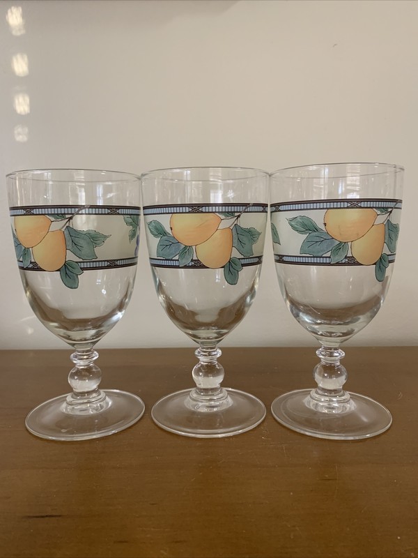 3 Mikasa Garden Harvest Water Goblets 7" Tall 14 Oz Fruit & Leaves on Rim EUC