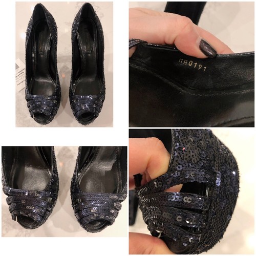 LOUIS VUITTON Dark Midnight Blue Sequin Peep Toe Platform Pumps 36.5 - Picture 10 of 12
