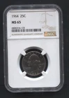 1964-25c Washington Quarter- NGC- MS65. 90% Silver/ Nice blue toning