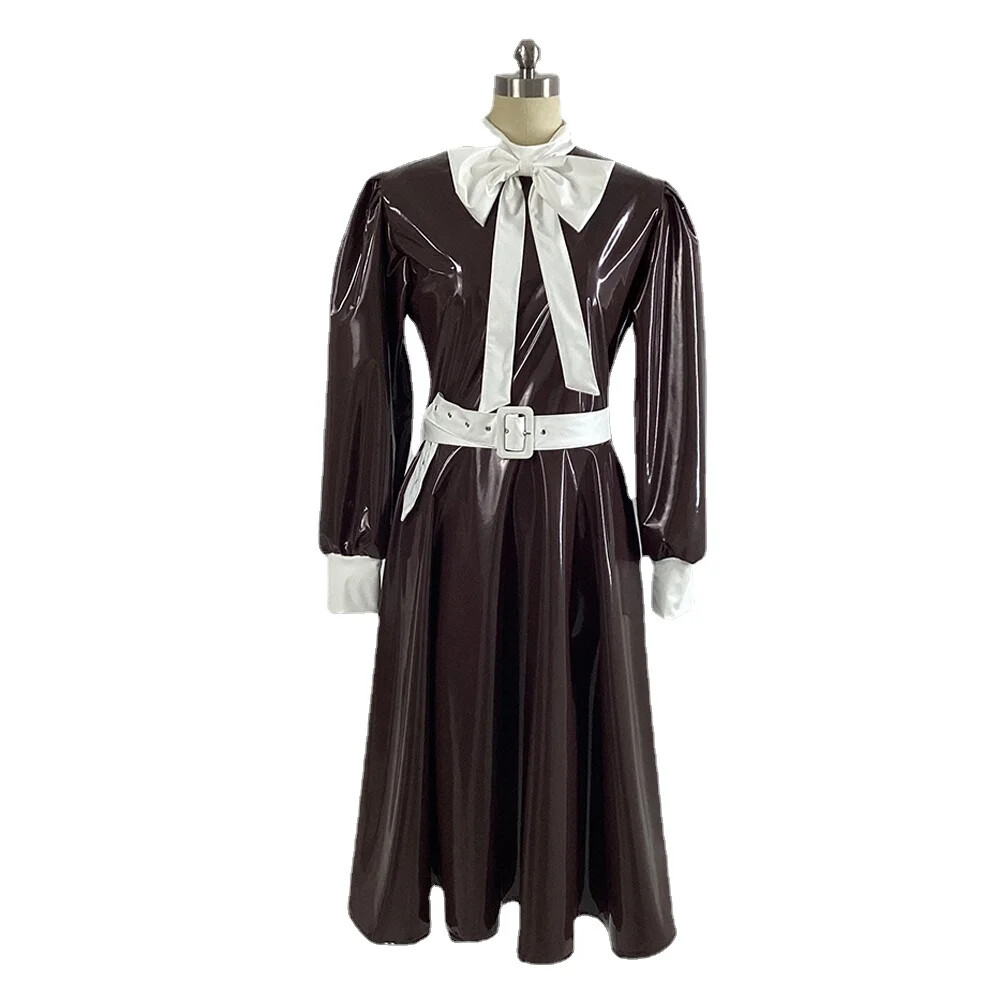Elegant Offic Lady Puff Long Sleeve Pleated PVC Dress Sissy Bowknot Prom  Dress