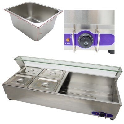 Food Soup Warmer Stove Bain Marie Canteen Buffet Steam Heater with Shield 8 Pan 