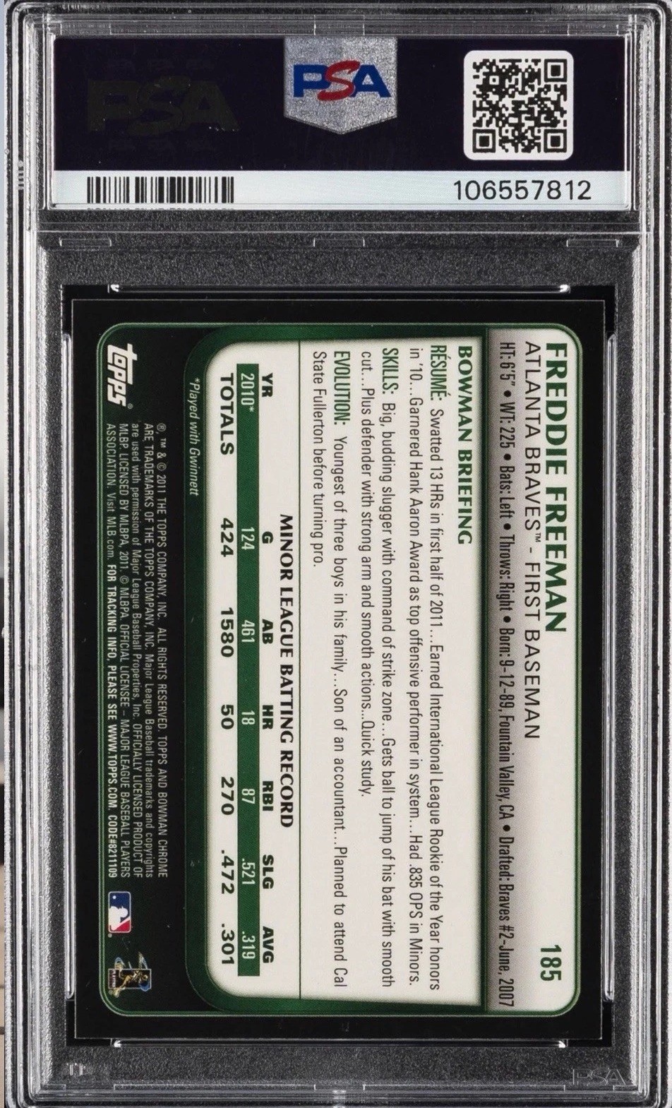 2011 BOWMAN CHROME REFRACTOR #185 FREDDIE FREEMAN ROOKIE RC PSA 10 view 2
