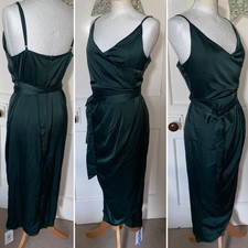 CIDER Size L UK 12/14 Forest Green Satin Midi dress strappy draped wrap NEW