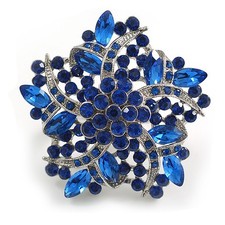 Large Blue Crystal Layered Flower Cocktail Ring in Silver Tone - Adjustable -