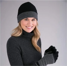 Alashan Cashmere 100% Cashmere Tubular Reversible Beanie Hat in Black and...