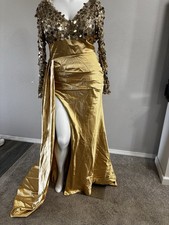 Gold Sequin Long Sleeve Satin Maxi Dress Lace-Up Back Formal Gown Size 14
