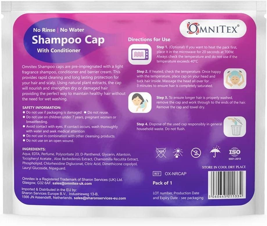 5pk -Omnitex Premium Rinse Free Shampoo Cap Microwaveable With Conditioner - Image 3 of 4