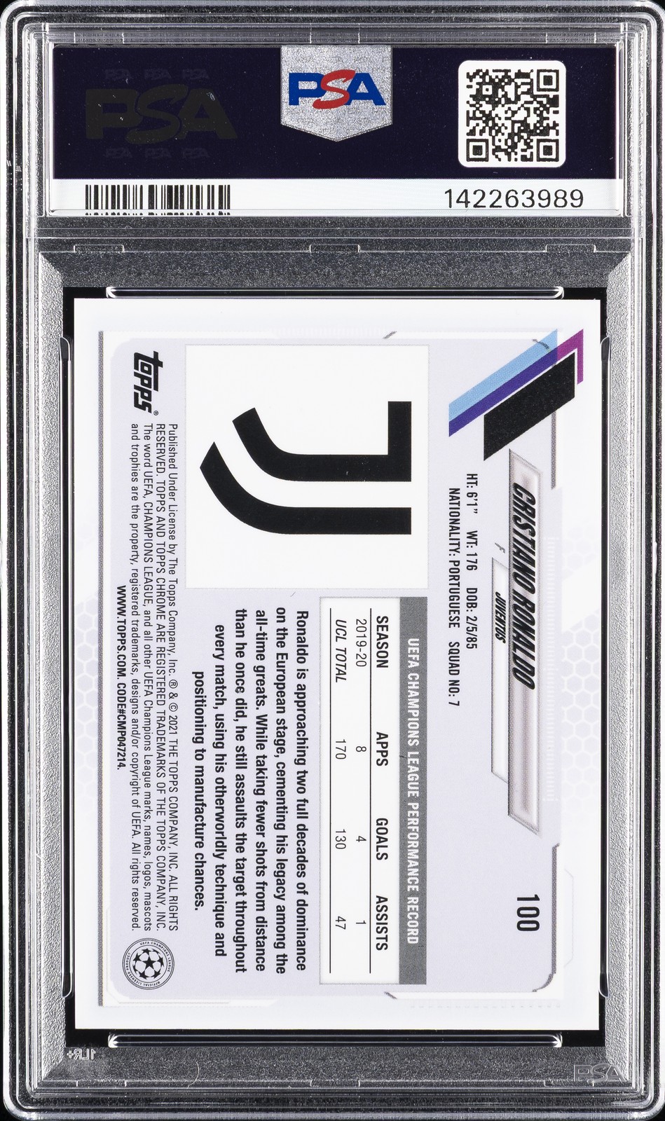 2020 TOPPS CHROME CHAMPIONS LEAGUE SAPPHIRE EDITION CRISTIANO RONALDO PSA 10 view 2