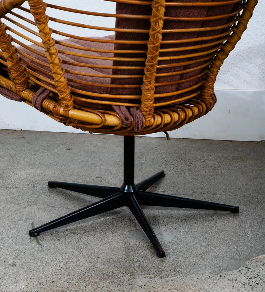 Mid Century Modern Lounge Chair Set Black Swivel Rattan Pink Rose Fabric Denmark - Image 4 of 4