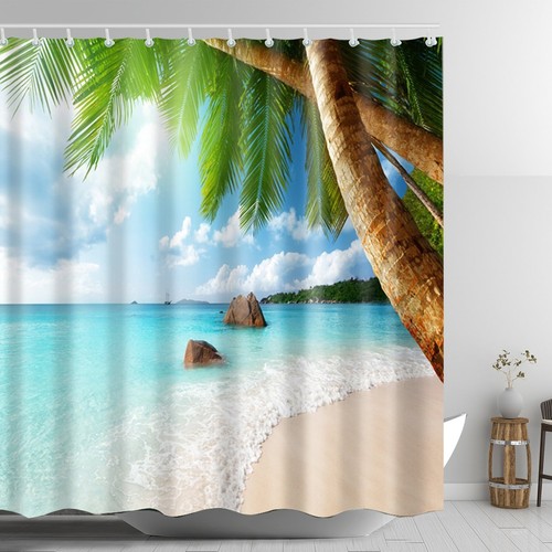 Cortina de Ducha de Playa Tropical Poliéster Tela Impermeable Playa Escena Baño... - Imagen 2 de 6