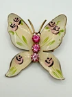 VINTAGE WHITE ENAMEL BUTTERFLY BROOCH PIN PINK RHINESTONE FLORAL COSTUME JEWELRY