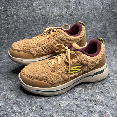 Womens 7 US Skechers Go Walk Arch Fit Snow Bound TAN Sherpa Lace Up Sneaker Shoe