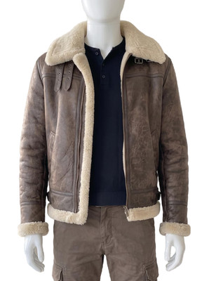Men Brown Distressed Leather Shearling Bomber Cosplay Jacket