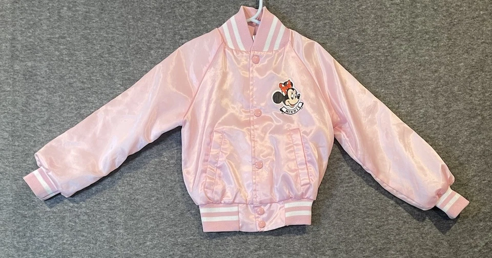 Chaqueta Bomber De Colección Disney Wear MINNIE Mouse Juvenil 10 Rosa Satinado Hecha en EE. UU. Broches a Presión Foto 3 de 4