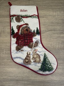 Needlepoint Christmas Stocking Teddy Bear Bunnies Woodland Red Velvet Aidan