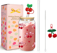 Glasbecher Mit Deckel Und Strohhalmen, Rosa Kirsche Eiskaffeetasse, Vielseitiger