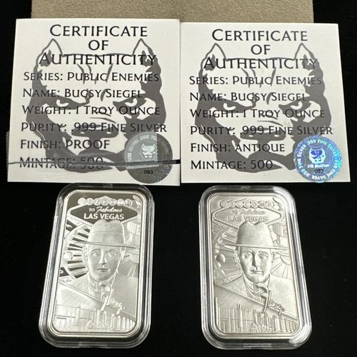 2 X Pit Bullion Bugsy Siegel 1 oz. .999 Silver Bar 500 Mintage w/COA - Two Bars