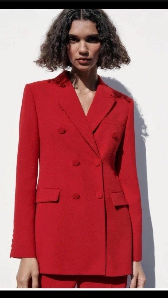 ZARA WOMAN DOUBLE BREASTED BUTTONED BLAZER BRIGHT RED & Trousers Size XS Co Ord thumbnail 4