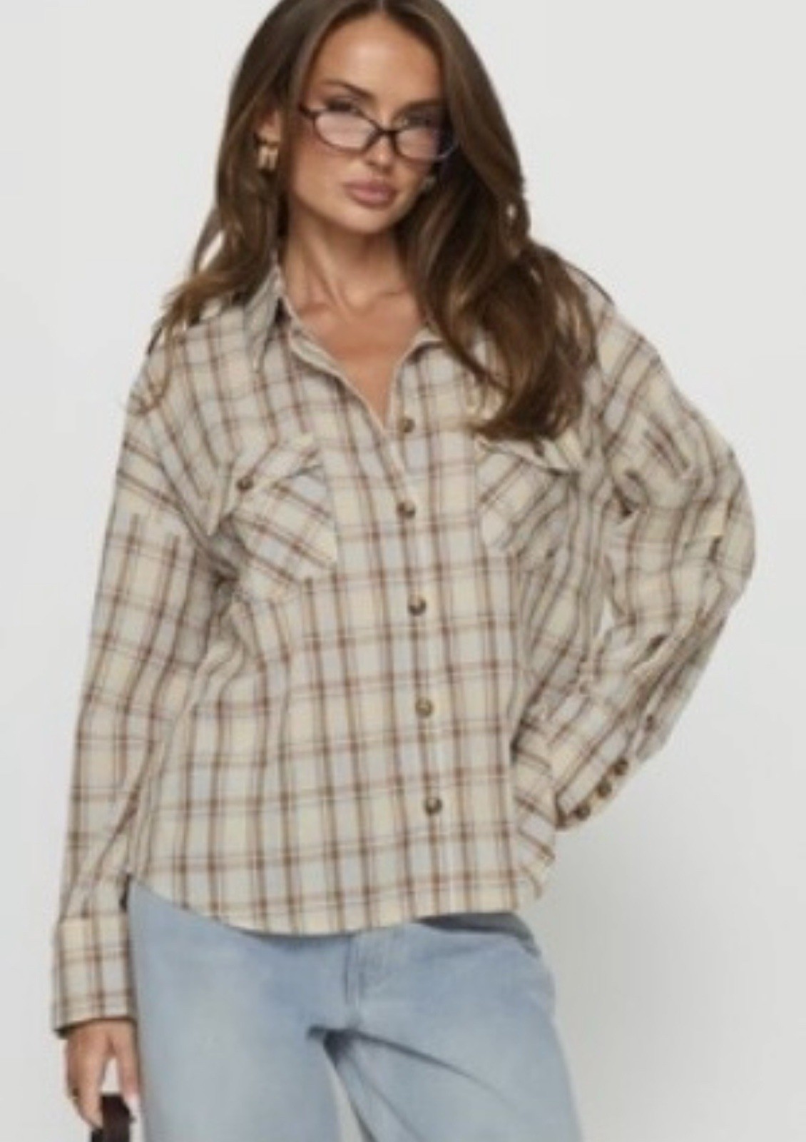 Princess Polly Womens US 4 Button Front Shirt Jacket Shacket Beige Black Flannel
