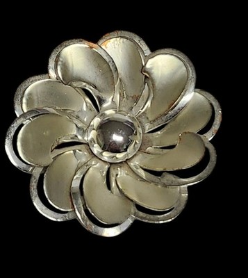 Vintage Brushed Chrome Flower Brooch Pin Pop Art Style Modernist