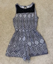 BONGO Juniors Small Black And White Lace And Aztec Print Romper