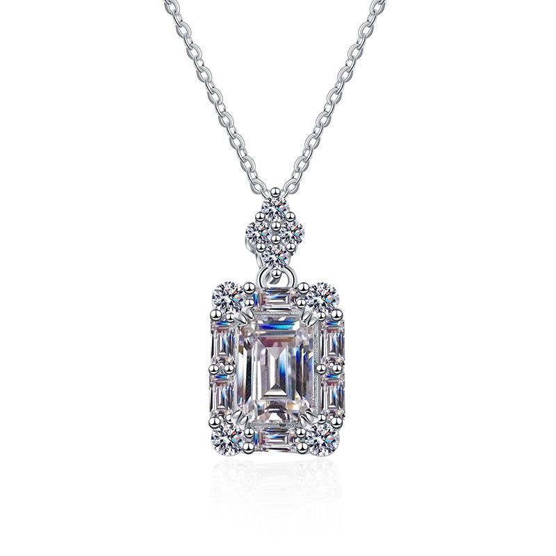 Moissanite Emerald Cut Sugar Cube Pendant Necklace in 925 Sterling Silver Certified for Women