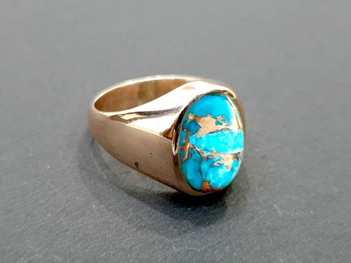 Solid 925 Sterling Silver Natural Copper Turquoise Oval Gemstone Men's Gift Ring - Picture 6 of 9