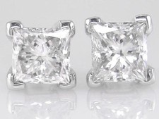 Diamond Solitaire Stud Earrings 1.00ct H SI VG Princess Cut in 18ct White Gold