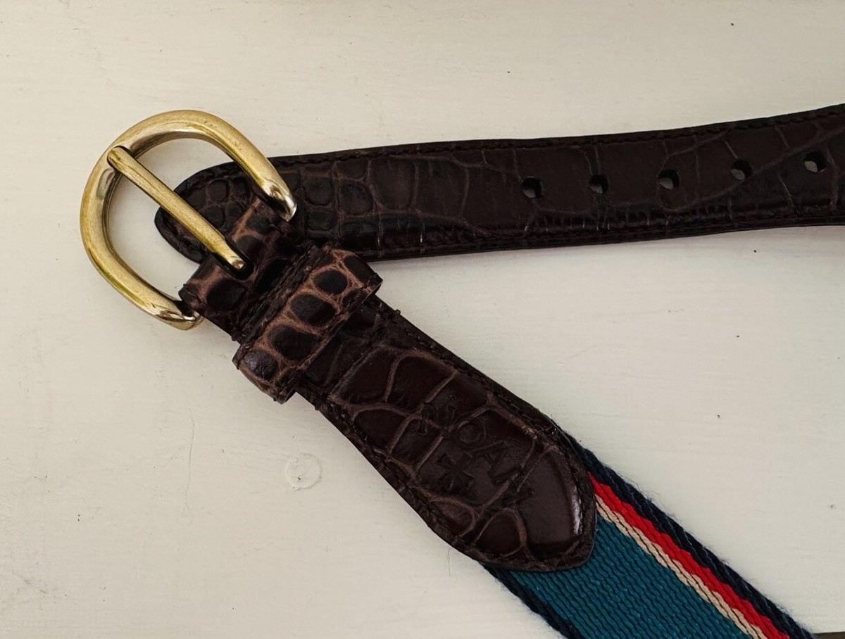MINT Noah Croc Effect Leather Belt Teal Striped Webbing ITALY
