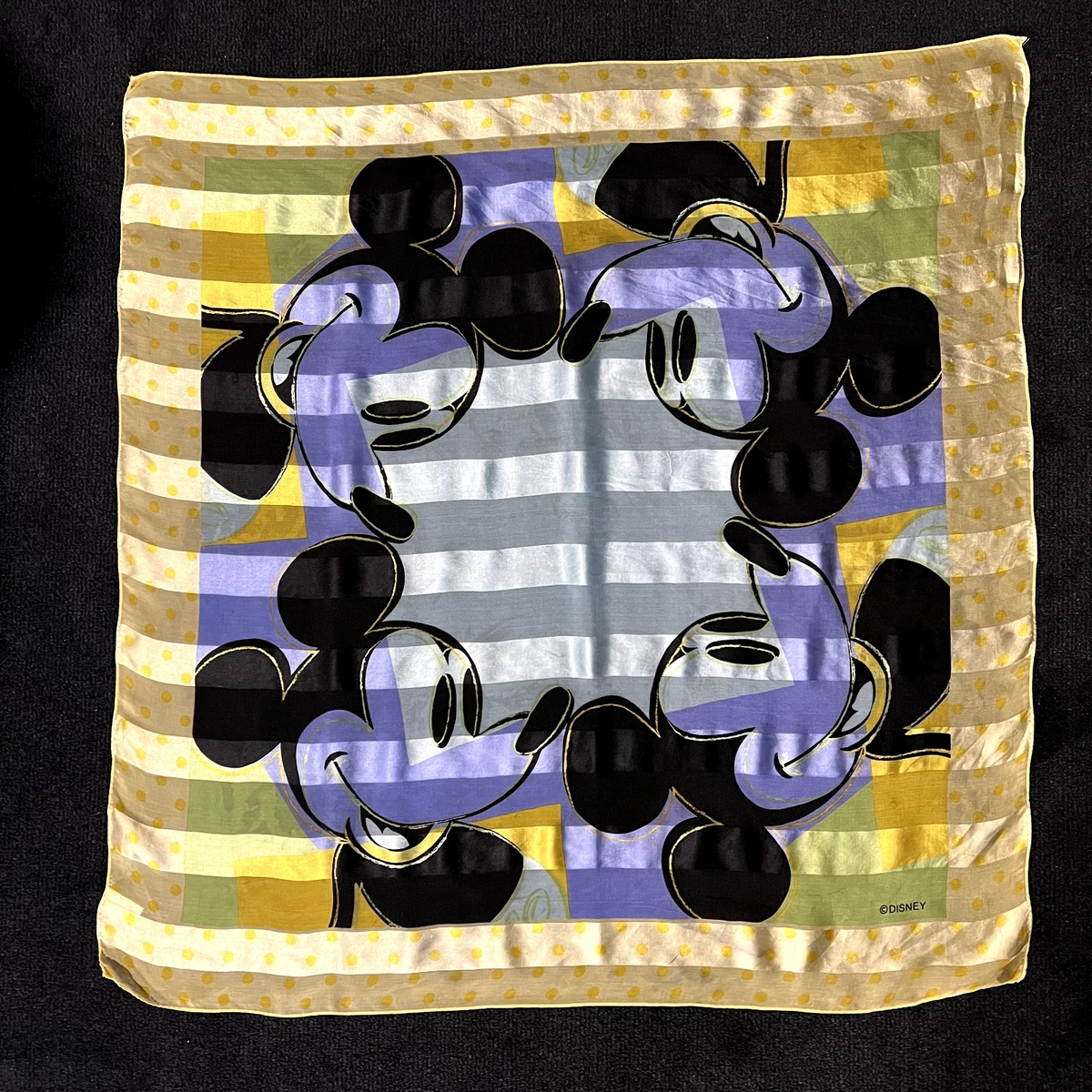 DISNEY Silk Satin Chiffon Stripe Mickey Mouse Blue Yellow Black Scarf 76x76cm