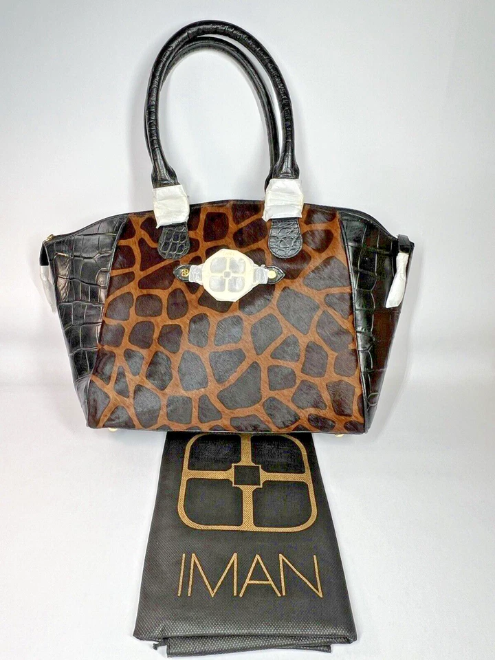 Bolso de Mano Grande IMAN Colección Platino Estampado Animal Jirafa Marrón Negro Nuevo