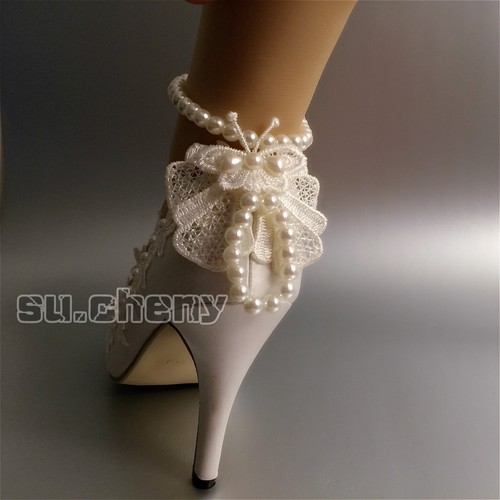 Zapatos de boda su.cheny 3"" 4"" tacón satén blanco marfil encaje tobilla puntera abierta talla - Imagen 22 de 29