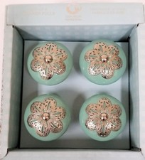 CASA DECOR TEAL GREEN CERAMIC+SILVER DAISY DRAWER,CABINET,DRESSER KNOBS,PULLS