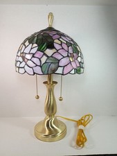Vintage Tiffany Style Leaded Stained Glass Floral Lamp Brass Base Double Light