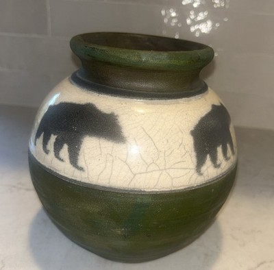 VTG Jeremy Diller SIGNED Raku Studio Art Pottery Vase Iridescent Glaze Bears 7 