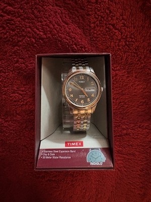 Timex Indiglo Men s Two Tone Expansion Band Watch Day Date WR30M w/ Box