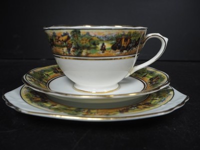 Foley China E Brain & Co Trio Tasse Untertasse & Beilagenteller Pferd & Kutsche Szene