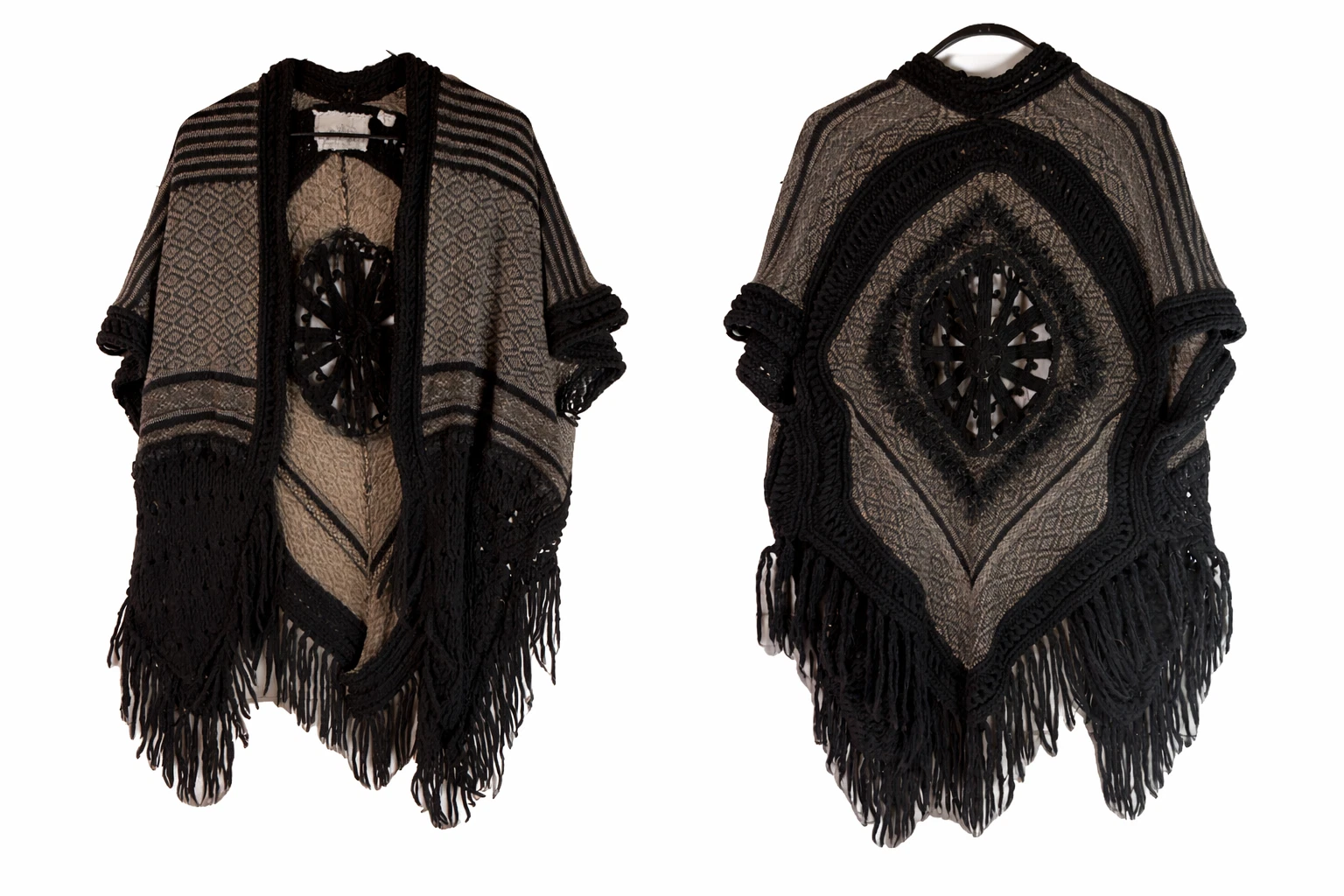 Black Fringe Poncho Shawl Knit Boho Wrap Open Front Textured Layered