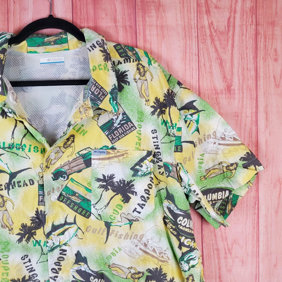 Camisa de pesca masculina Columbia PFG 2XL amarela gráfica algodão malha forrada abotoada - Imagem 3 de 4