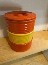 Bauer Pottery Ringware Stacking Refrigerator Set, 3 Bowls+Lid, VG/NM!