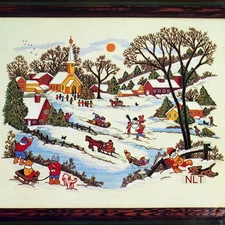 Vintage Crewel Embroidery Kit Winter Snowman Sleds Church Adele Veres Snow Scene
