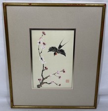 Vintage Original Chinese Painting on Silk Swallow Cherry Blossoms Sealed Framed