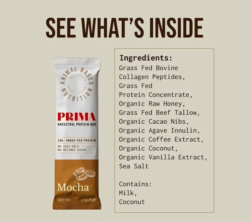 PRIMA ANCESTRAL PROTEIN BAR Barras Proteicas Alimentadas con Pasto 💪 (Paquete de 7, Moca) Foto 3 de 4