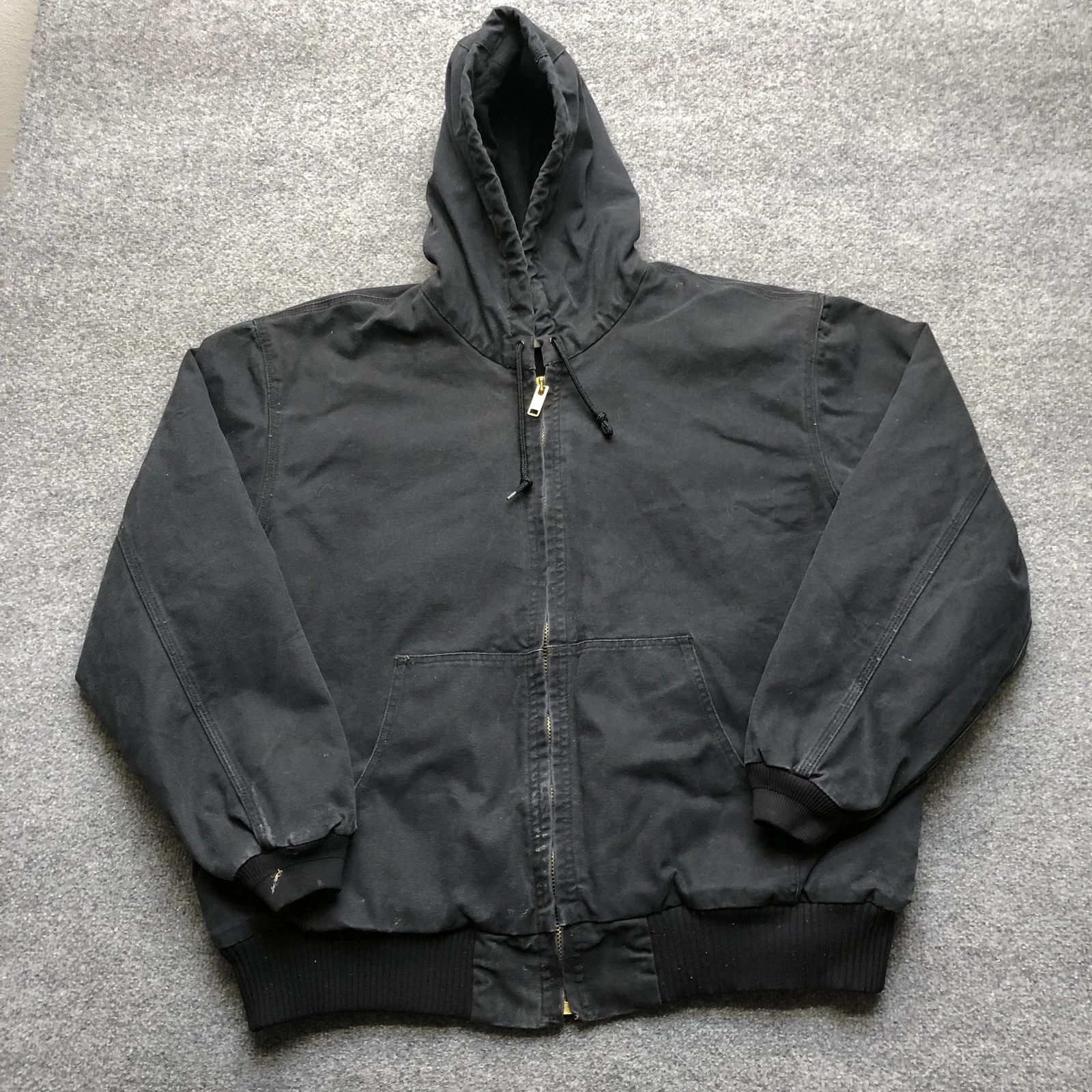 Vintage Jacket Mens XL Black Canvas Hooded Bomber Full Zip Lined Workwear