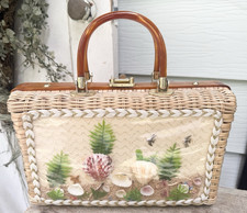 Vintage Patti Originals Wicker Purse Lucite Handles Shell Scene Box Bag HK